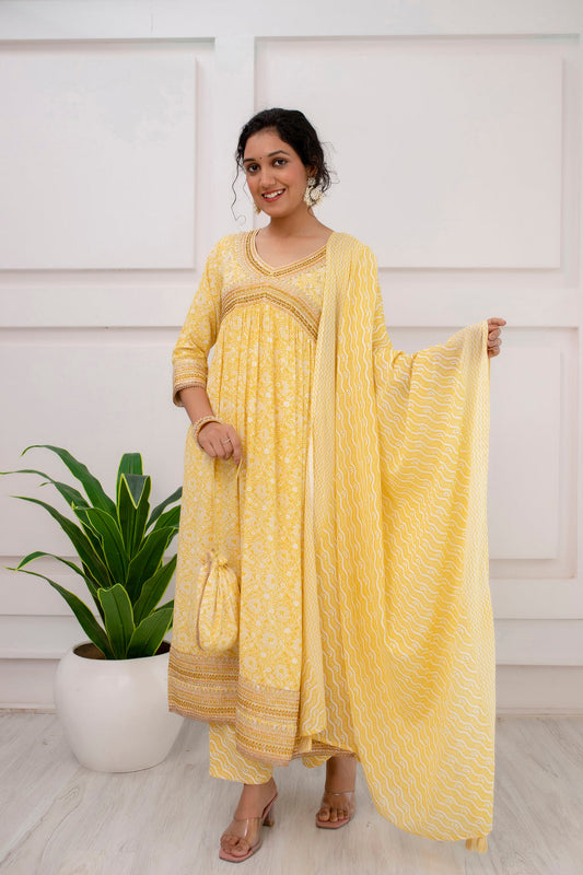 Womens Rayon Yellow Alia Cut A-line Kurta Pant and Dupatta With Fancy Potli Set