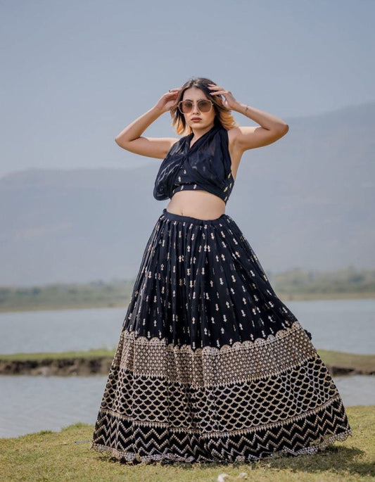 Navy Blue Georgette Sequin Work Partywear  Lehenga Choli