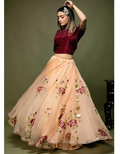 Orange Organza Digital Printed Partywear Lehenga