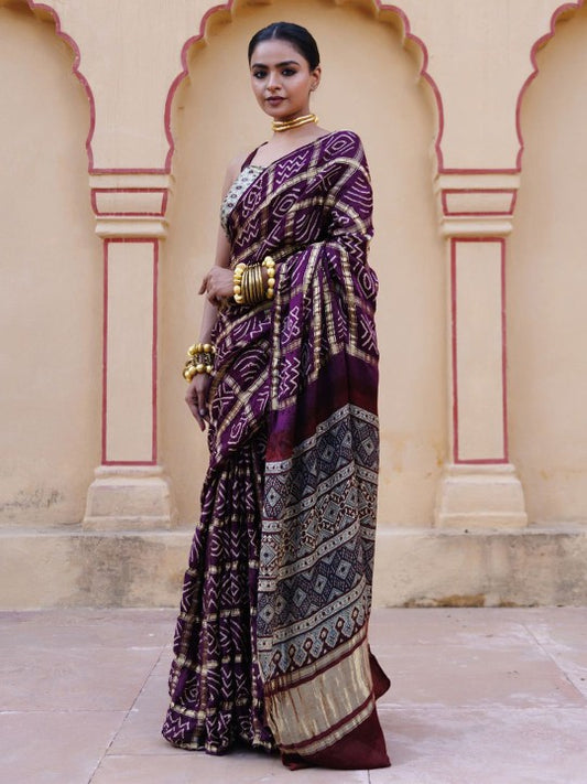 Printed Zari Pure Silk Bandhani Saree