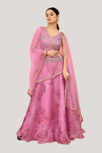 Pink Organza Printed Lehenga Choli