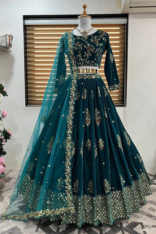 Peacock Blue Viscose Velvet Sequence Work Lehenga Choli