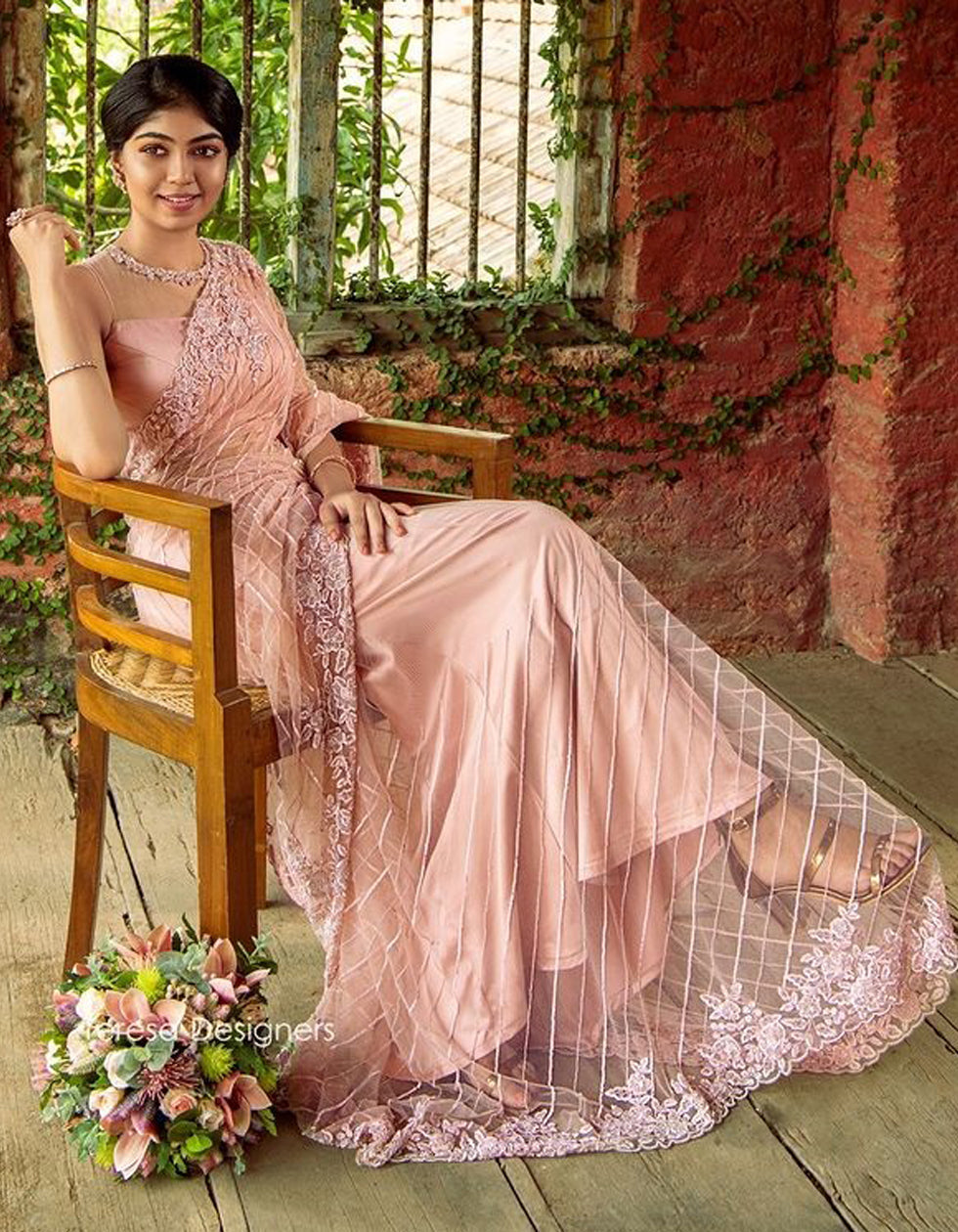 Pink Mono Net Sequin Work Partywear Saree