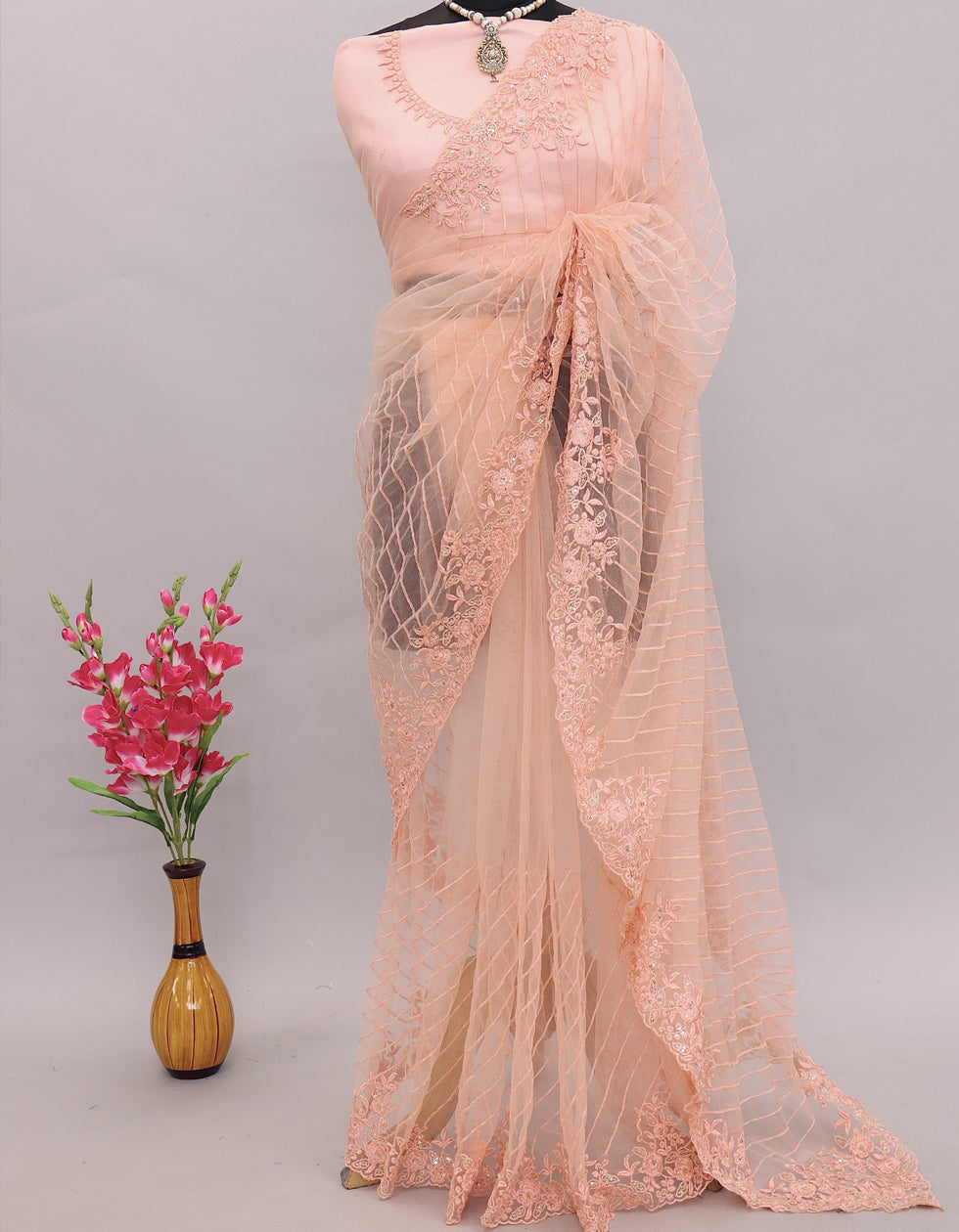 Pink Mono Net Sequin Work Partywear Saree