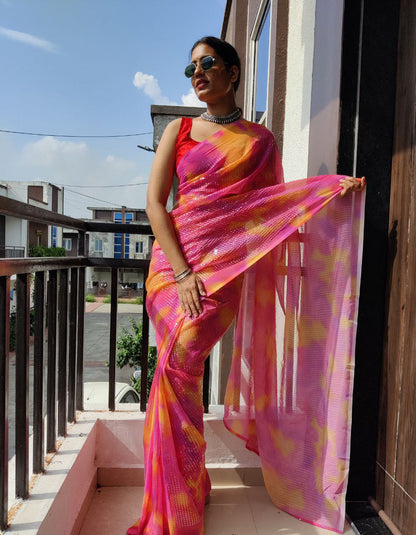 Pink Premium Georegtte Printed Partywear Saree