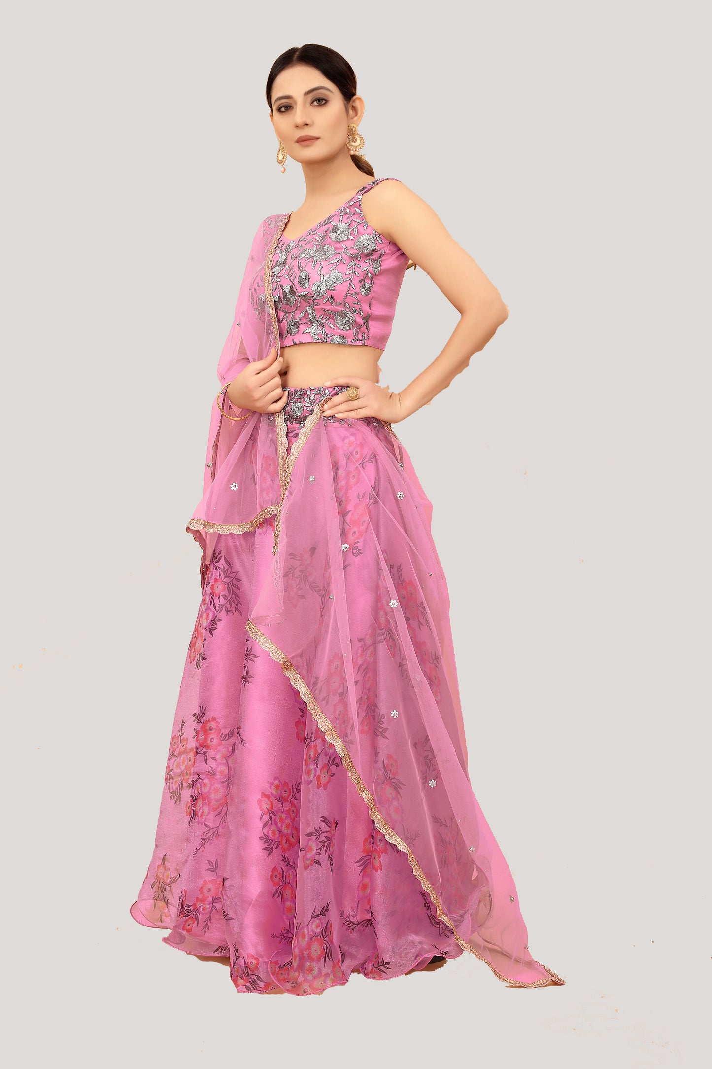 Pink Organza Printed Lehenga Choli