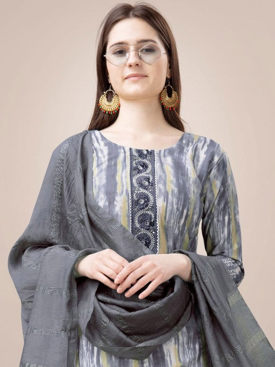 Thread Work Straight Kurta with Trousers & Dupatta