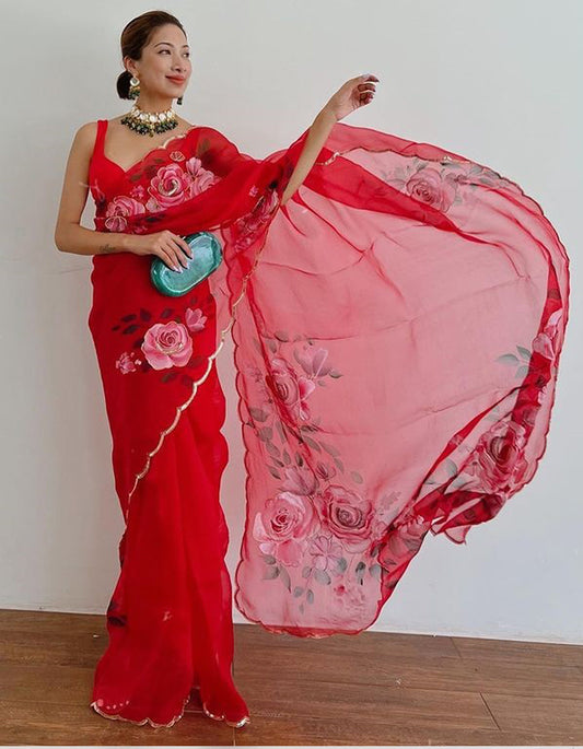 Red Oragnza Digital Printed Partywear Saree