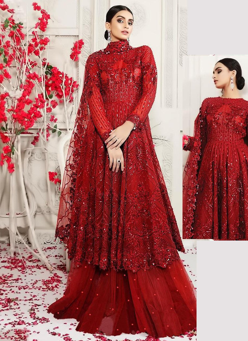 Maroon Butterfly Net Embroidery Sharara Suit