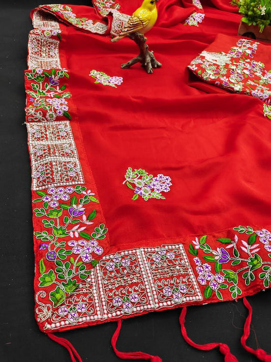 Stylish Red Color Thread Work Rangoli Silk Saree