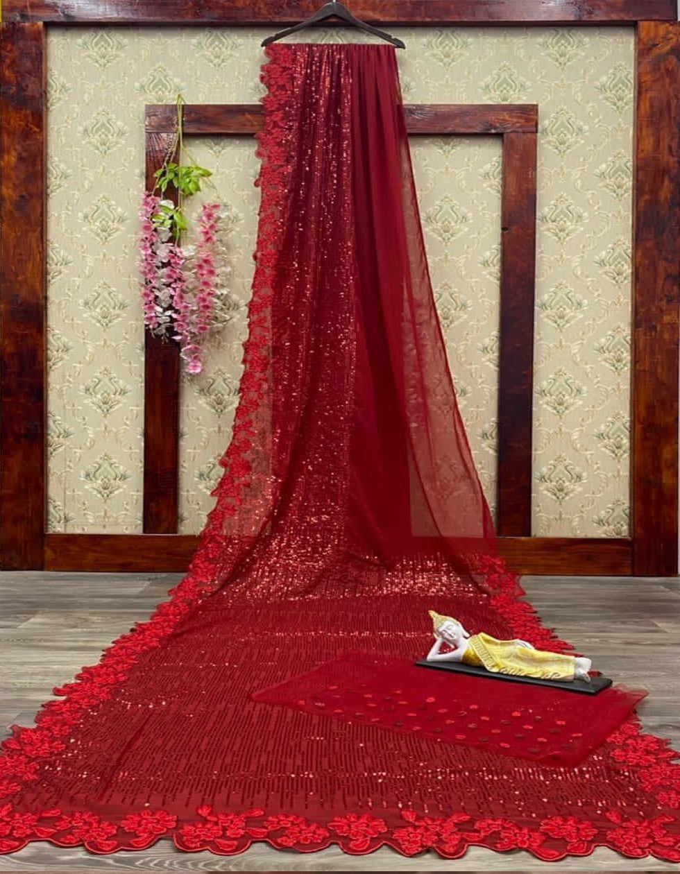 Red Georgette Embroidery Work Wedding Wear Saree