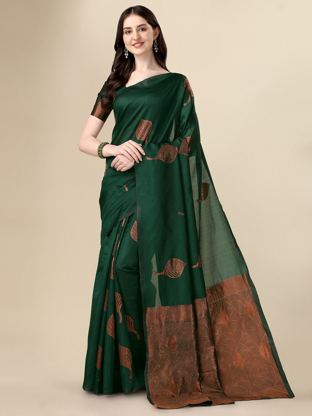 Leaf Printed Jacquard Green Saree