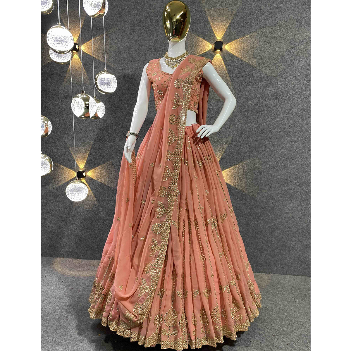 Shafnufab Women's Georgette Semi Stitched Lehenga Choli In Orange Colour