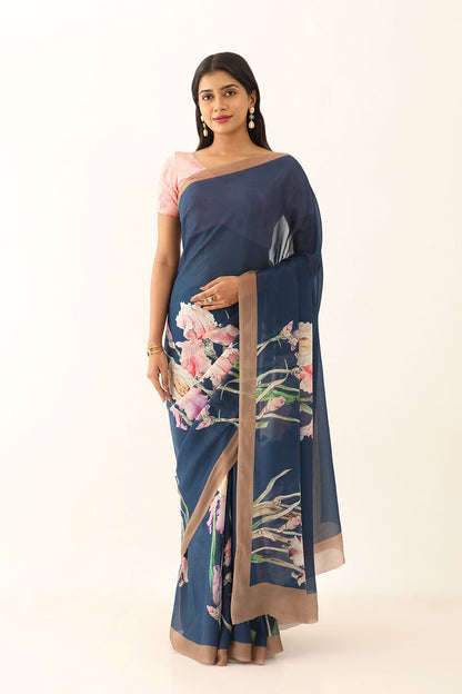 VISCOSE CREPE Blue Viscose Crepe Digital Print Saree