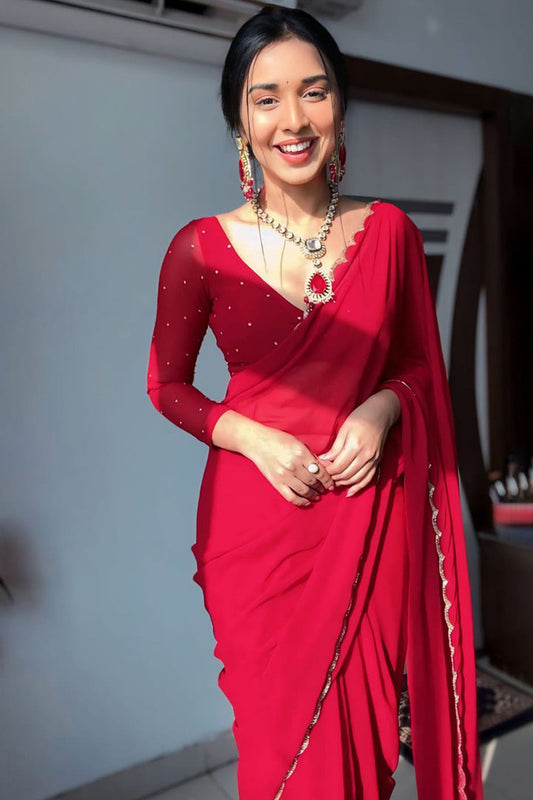 Arresting 1-Minute Ready To Wear Red Georgette Saree