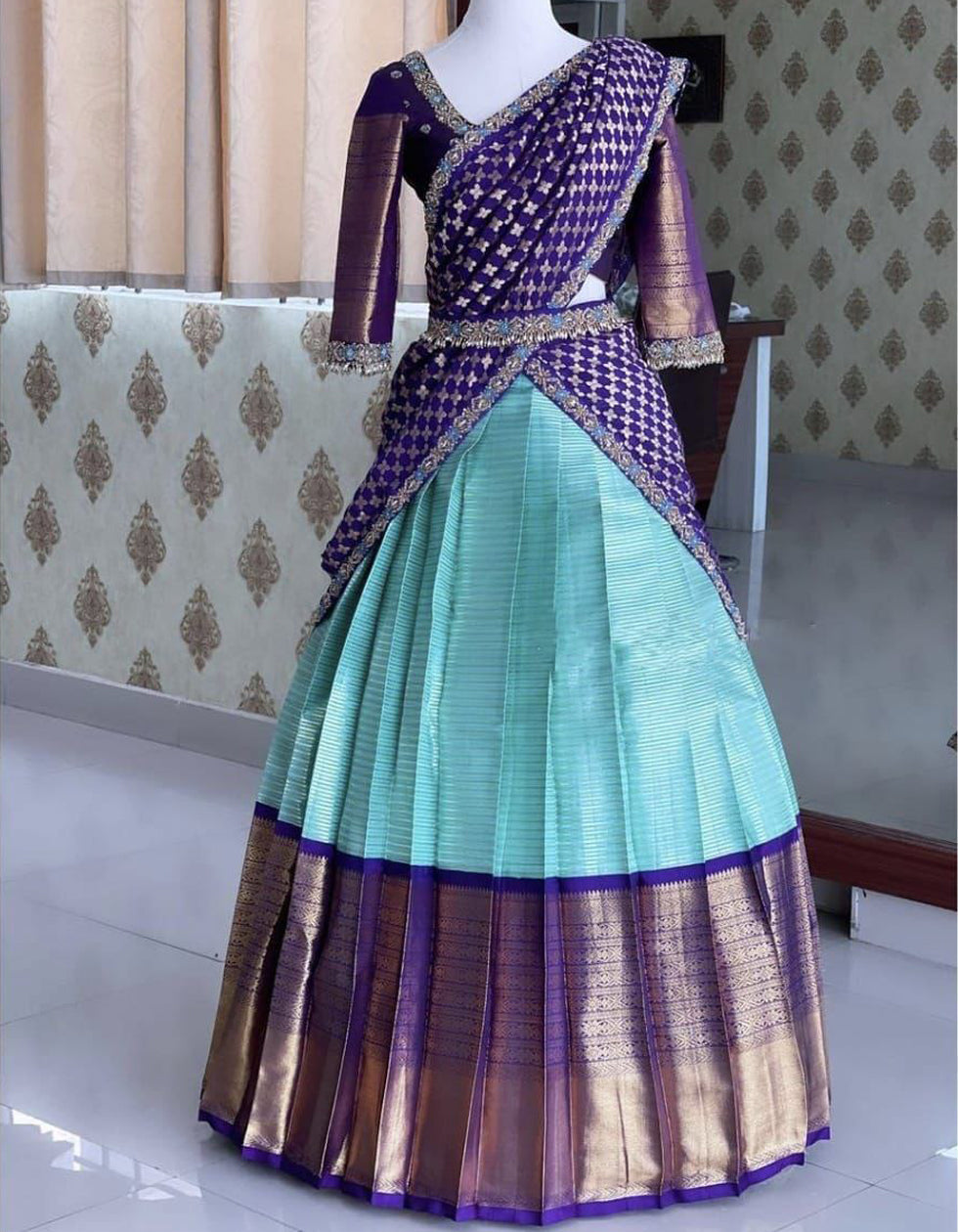 Sky Blue Printed Kanjivaram Silk  Wedding Wear Lehenga