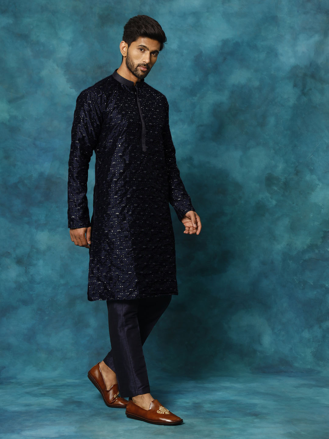 MEN'S BLUE SILK BLEND KURTA PYJAMA SET