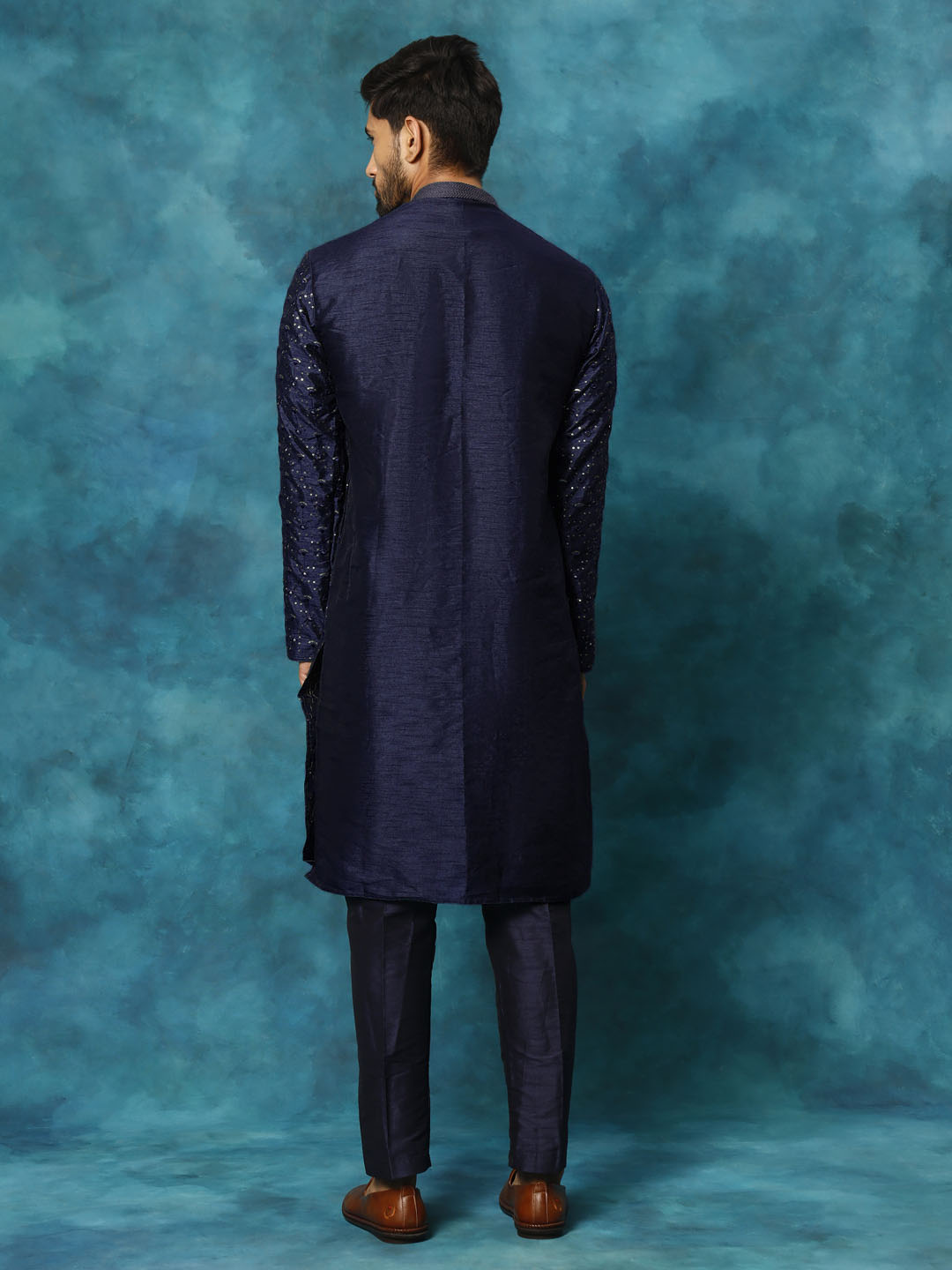 MEN'S BLUE SILK BLEND KURTA PYJAMA SET