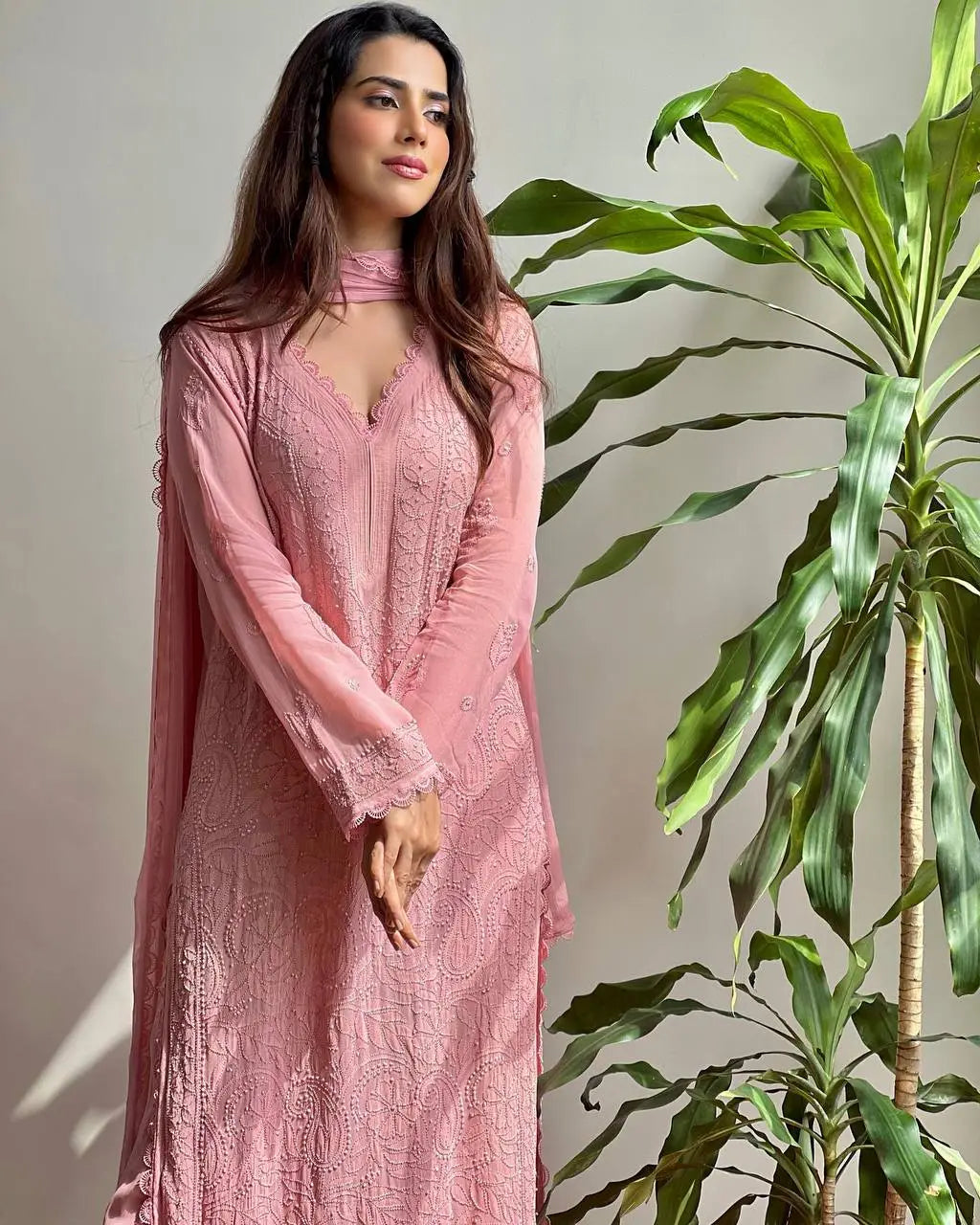 Peach Viscose Georgette Chikankari Kurta With Palazzo And Dupatta