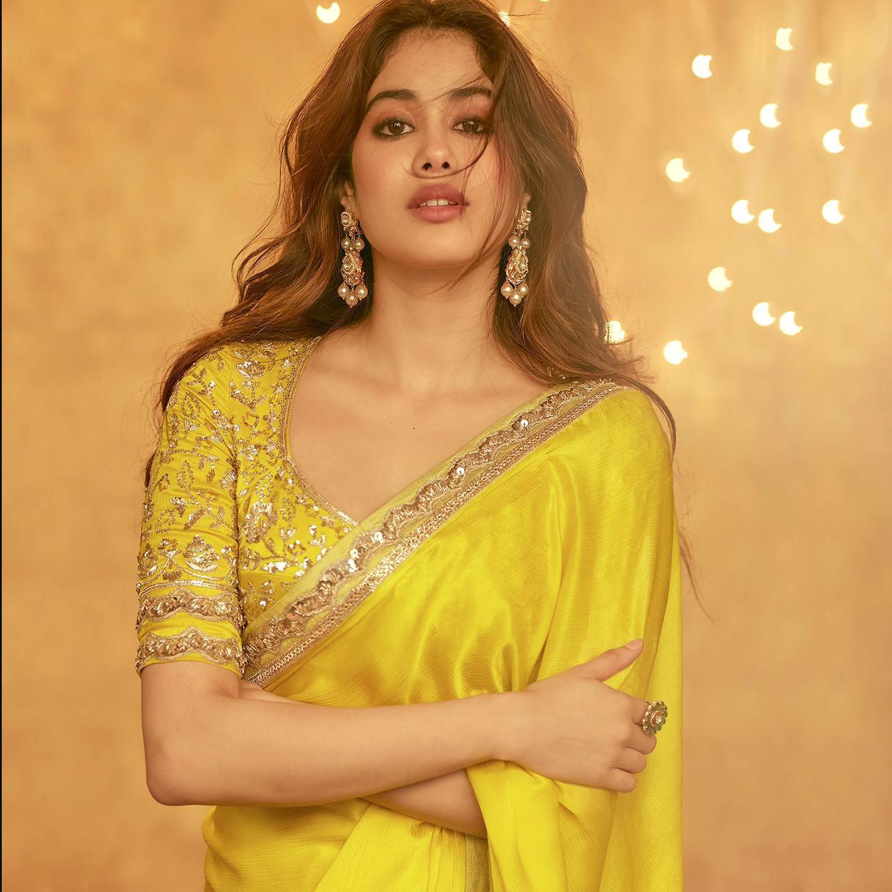 Janvi Kapoor Yellow Colour Moss Chiffon Party Wear Saree