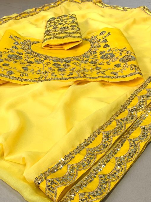 Janvi Kapoor Yellow Colour Moss Chiffon Party Wear Saree