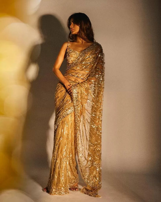 Mouni Roy Beautiful Amazing Party Wear Gold Saree