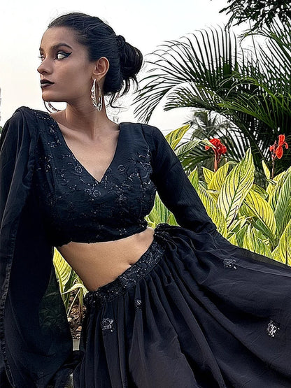 Women Odette Women Designer Black Georgette Semi Stitched Lehenga With Unstitched Blouse