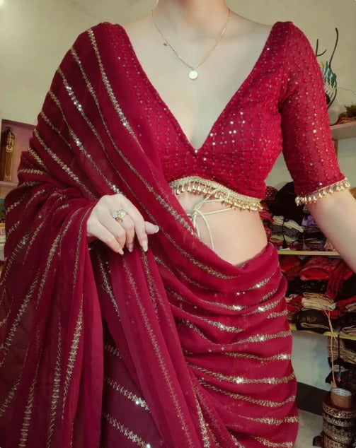 Beautiful Wear Maroon Colour Sequence Work Designer Saree