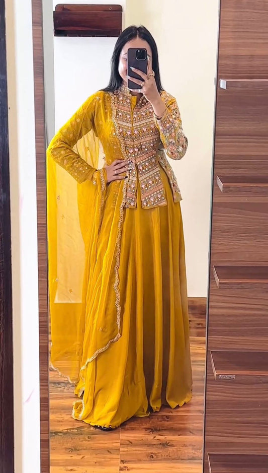 Haldi Wear Yellow Plain Gown With Beautiful Work Koti