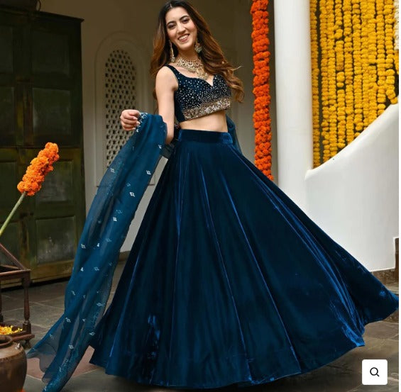 Blue Velvet Lehenga Choli