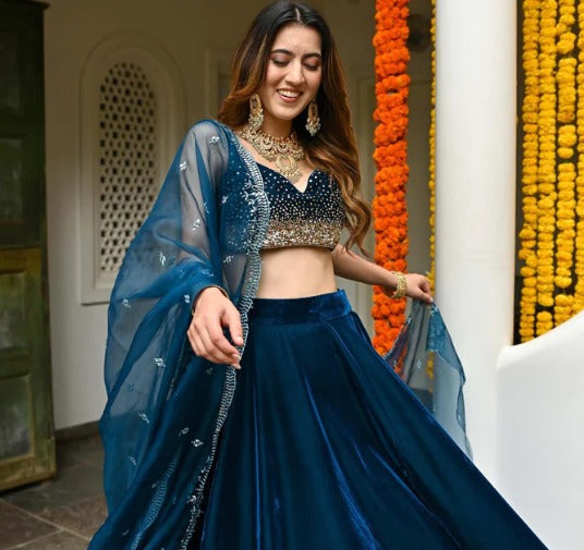 Blue Velvet Lehenga Choli