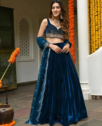 Blue Velvet Lehenga Choli