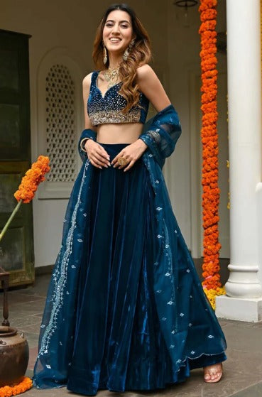 Blue Velvet Lehenga Choli