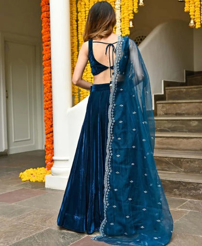 Blue Velvet Lehenga Choli