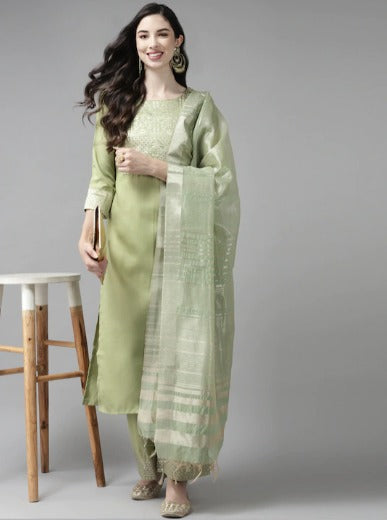 Women Green Yoke Design Regular Kurta with Palazzos & Dupatta