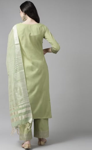 Women Green Yoke Design Regular Kurta with Palazzos & Dupatta