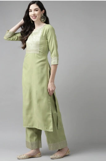 Women Green Yoke Design Regular Kurta with Palazzos & Dupatta