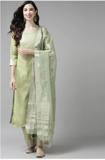 Women Green Yoke Design Regular Kurta with Palazzos & Dupatta