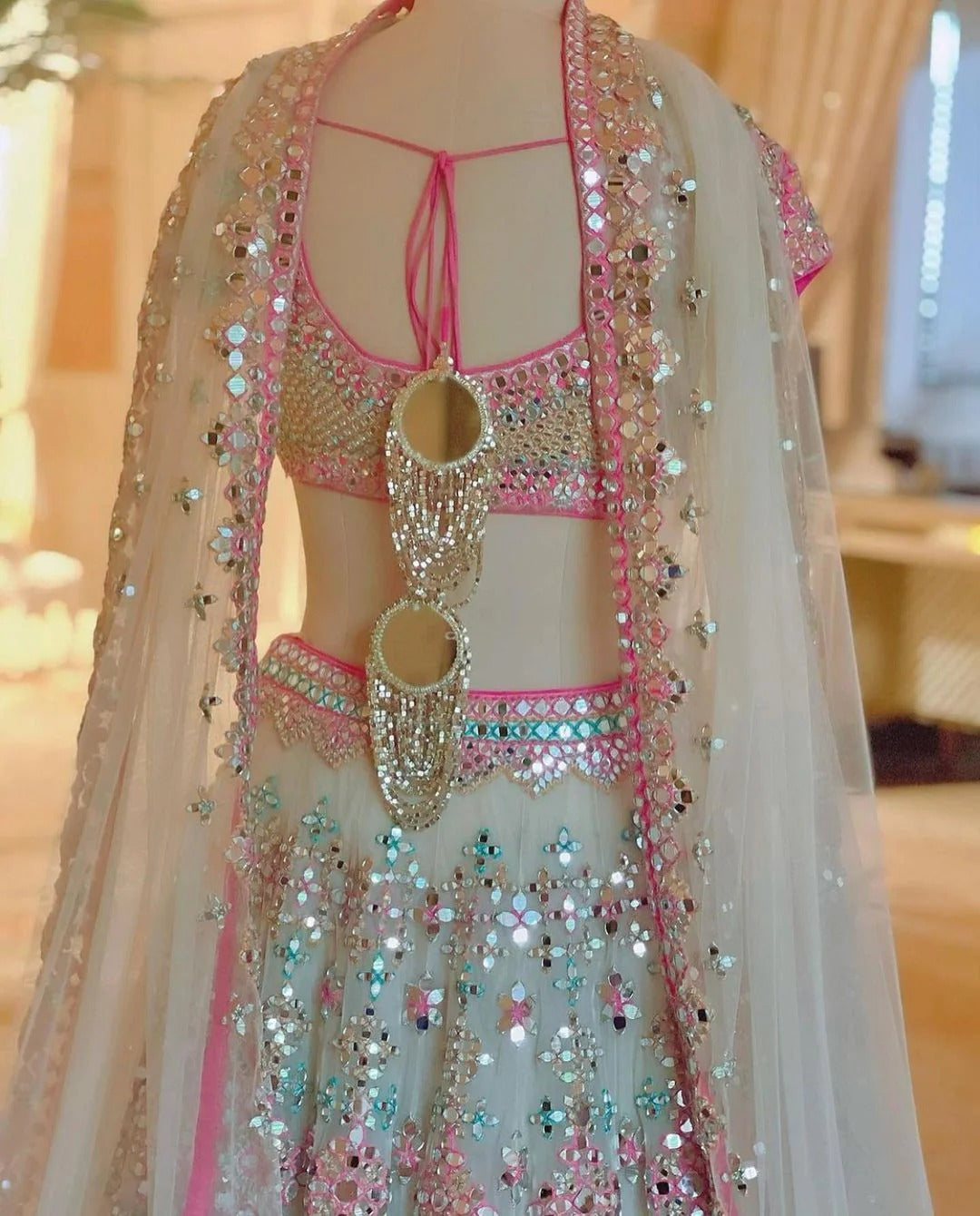 Wedding Latest Party Wear Cream Mirror Lehenga Designs