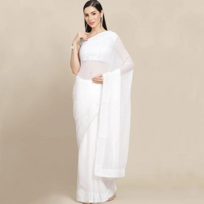 White Swarovski Border Work Georgette Saree