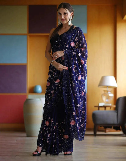 Beautiful Berry Blue Colour Georgette Sequence Embroidery Saree