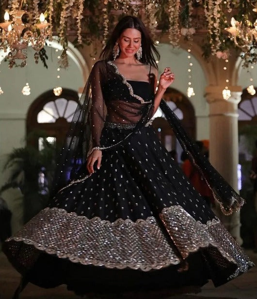 Black net silver sequence work wedding lehenga choli