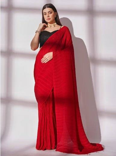 Kalista Red Pleated Pure Georgette Saree