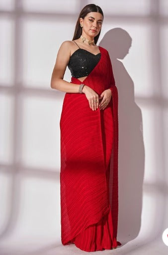 Kalista Red Pleated Pure Georgette Saree