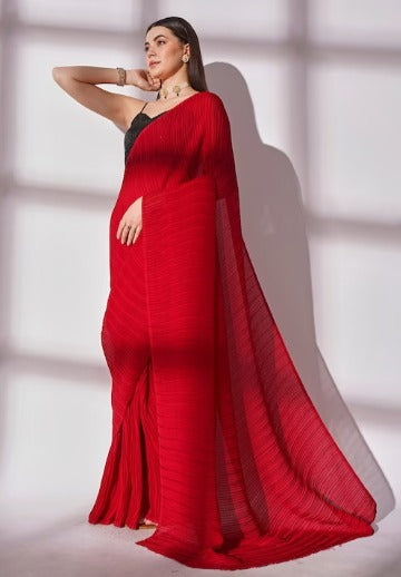 Kalista Red Pleated Pure Georgette Saree