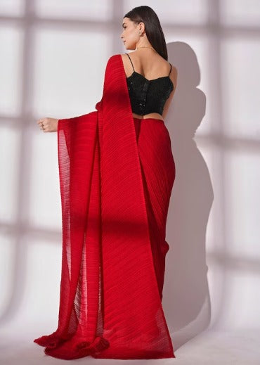 Kalista Red Pleated Pure Georgette Saree