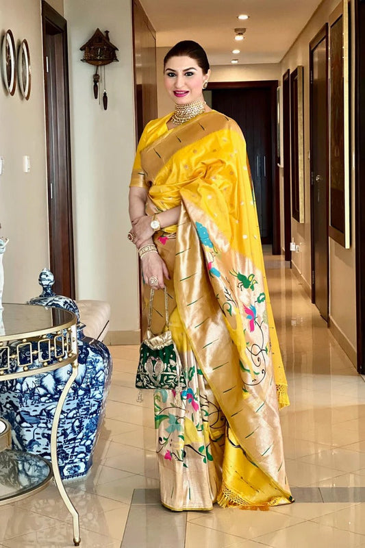 Golden Yellow Paithani Silk Saree