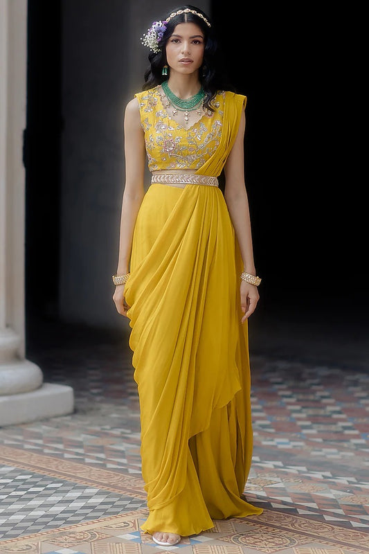 PAULMI & HARSH wishlist Bright Yellow Crepe Pre-Stitched Draped Saree Set