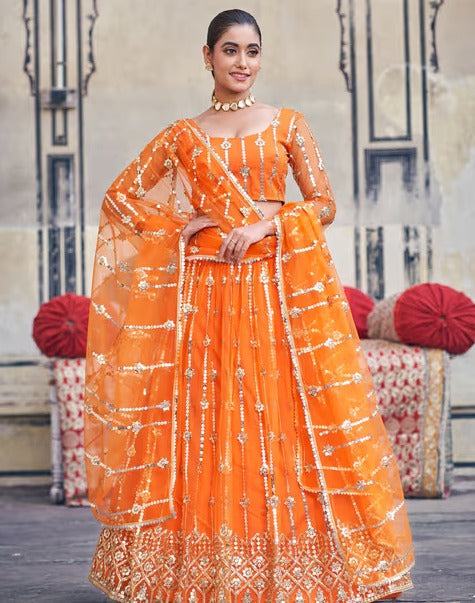 Orange Net Semi-Stitched Lehenga and Unstitched Blouse with Dupatta