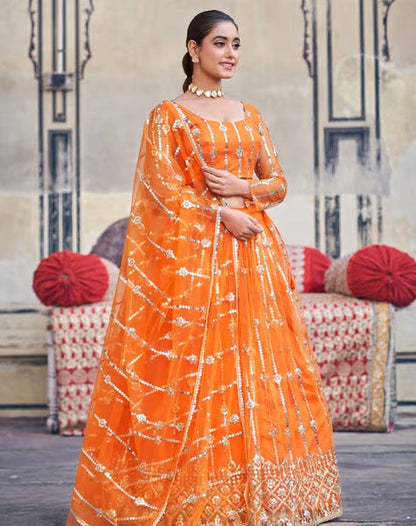 Orange Net Semi-Stitched Lehenga and Unstitched Blouse with Dupatta